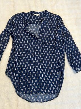 Misia Navy Blue Geometric Print Roll Tab Sleeve Blouse Size Small